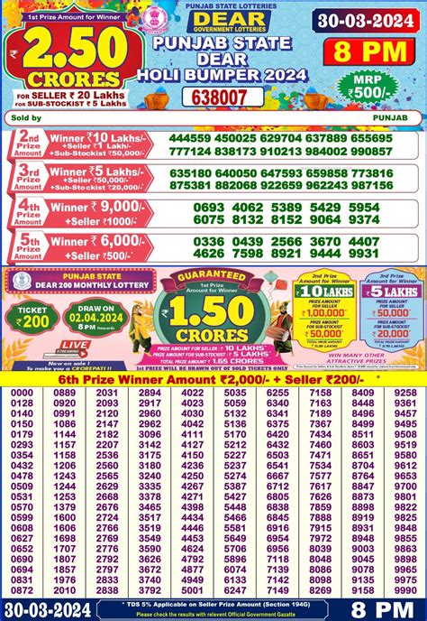 punjab state dear lottery result today 6pm 8pm